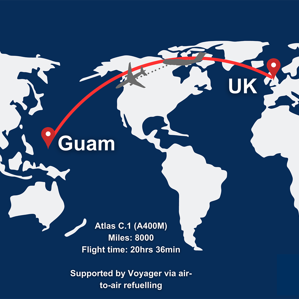 Graphic: A stylised map showing the route of the Atlas and the Voyager air to air refueiling aircraft enroute from RAF Brize Norton to Guam. Text on the map gives details of the flight, saying, 'Atlas C.1 (A400M) - Miles: 8000 - Flight Time: 20hours 36 minutes - Supported by Voyager via air-to-air refuelling.